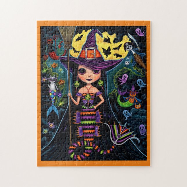 Halloween Mermaid Witch Mercats Ghosts Pumpkins Jigsaw Puzzle (Vertical)