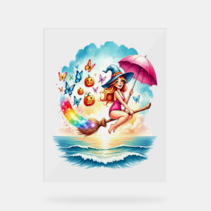 Halloween Mermaid Witch on Broom Acrylic Sign