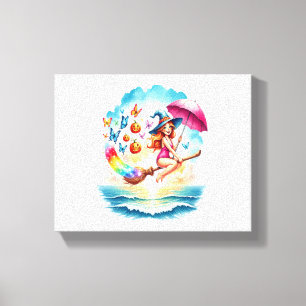 Halloween Mermaid Witch on Broom Canvas Print