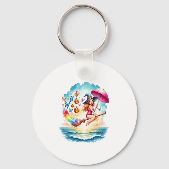Halloween Mermaid Witch on Broom Key Ring (Front)