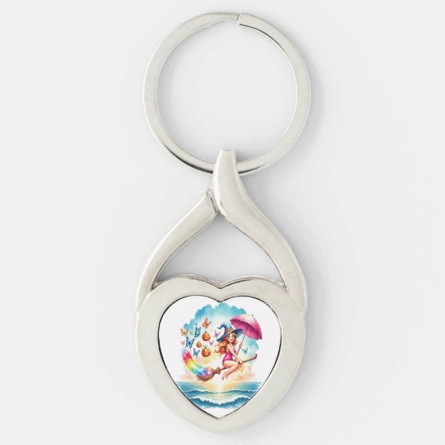 Halloween Mermaid Witch on Broom Key Ring (Front)