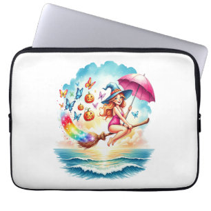 Halloween Mermaid Witch on Broom Laptop Sleeve