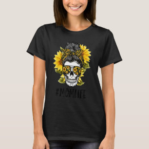 Halloween Messy Bun Hair Skull Sunflower Mum Life  T-Shirt