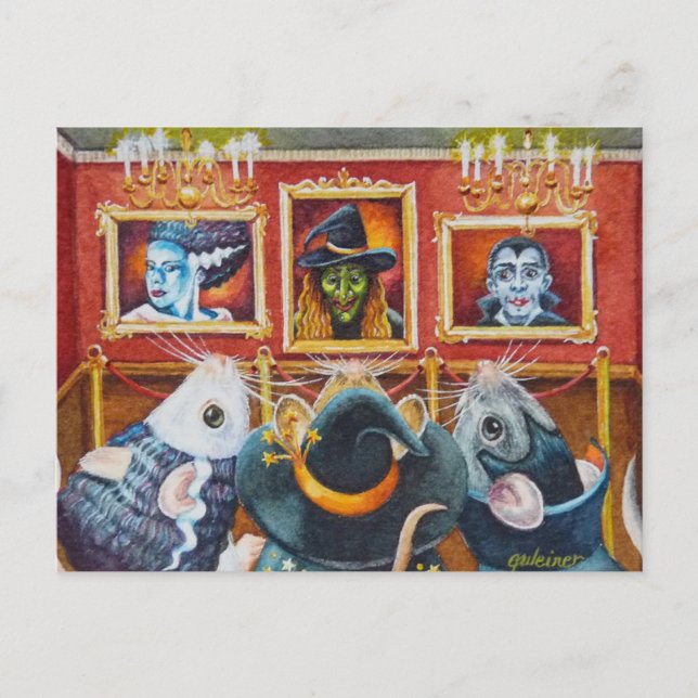Halloween Mice Visit Art Museum Watercolor Art Postcard (Front)
