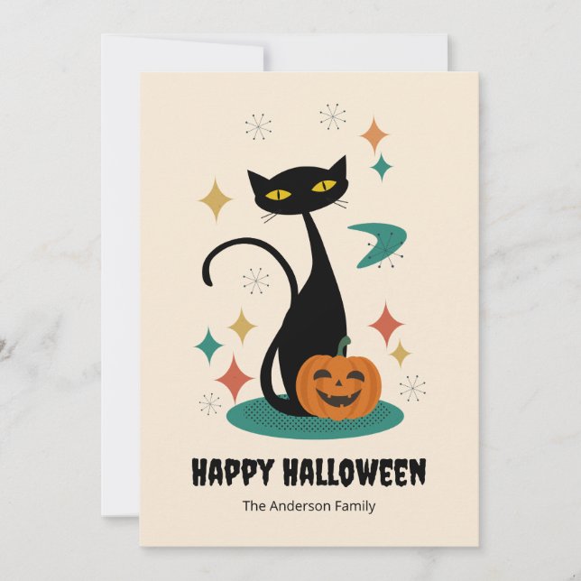 Halloween Mid Century Black Cat Holiday Card (Front)