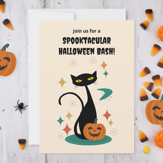 Halloween Mid Century Black Cat Invitation (Creator Uploaded)