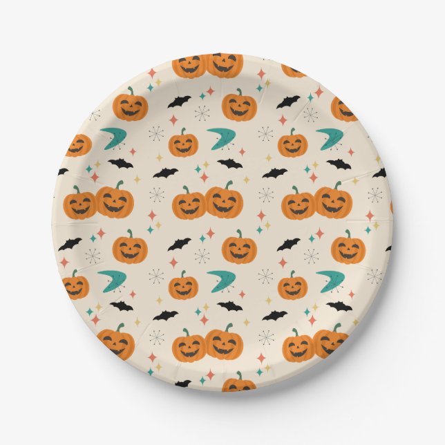 Halloween Mid Century Pumpkins Pattern Paper Plate (Front)