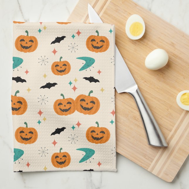 Halloween Mid Century Pumpkins Pattern Tea Towel (Quarter Fold)