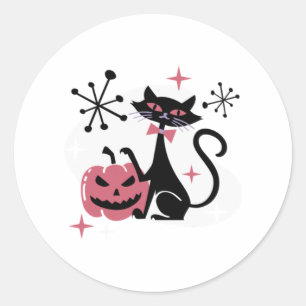 Halloween Mid Century Retro Black Cat   Classic Round Sticker