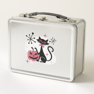 Halloween Mid Century Retro Black Cat   Metal Lunch Box