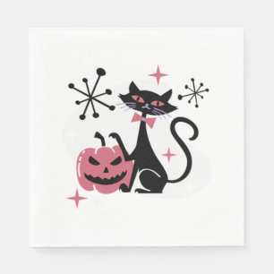 Halloween Mid Century Retro Black Cat Napkin