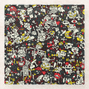 Halloween Mini Doodle Vintage Pattern Glass Coaster
