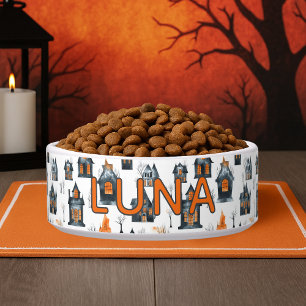 Halloween Miniature Haunted Houses Custom Name Dog Bowl