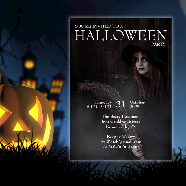 Halloween Modern Gothic Witch Broom Dark Barn Invitation (Creator Uploaded)