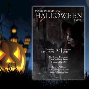Halloween Modern Gothic Witch Broom Dark Photo Invitation