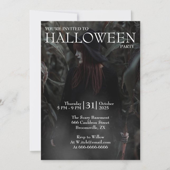 Halloween Modern Gothic Witch in Dark Forest Invitation (Front)