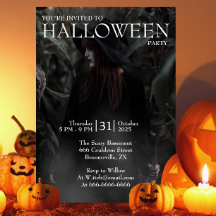 Halloween Modern Gothic Witch in Dark Forest Invitation