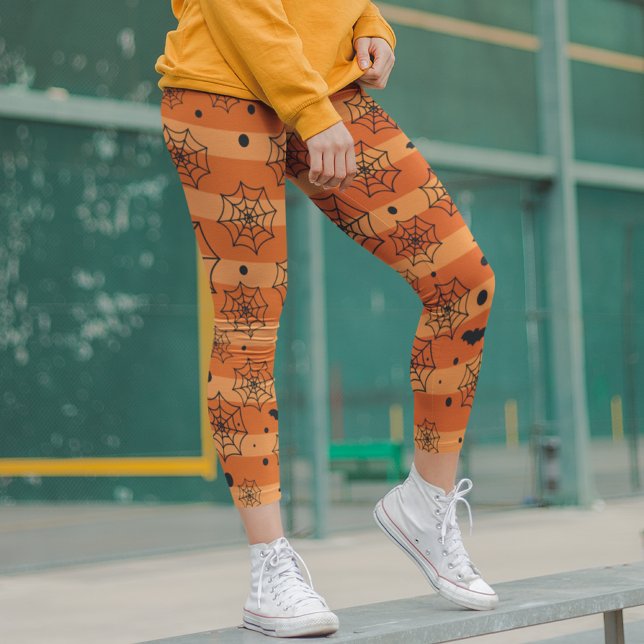 Halloween Modern Orange Black Bat Spider Web Leggings (Creator Uploaded)