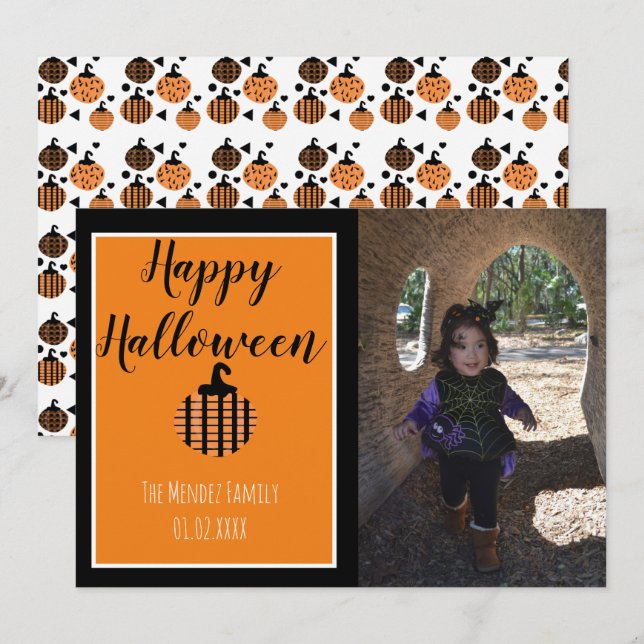 Halloween Modern Pumpkin Pattern Photo Card (Front/Back)