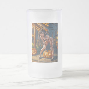 Halloween Monster Jack-o-Lantern & Bat Vixen Girl Frosted Glass Beer Mug
