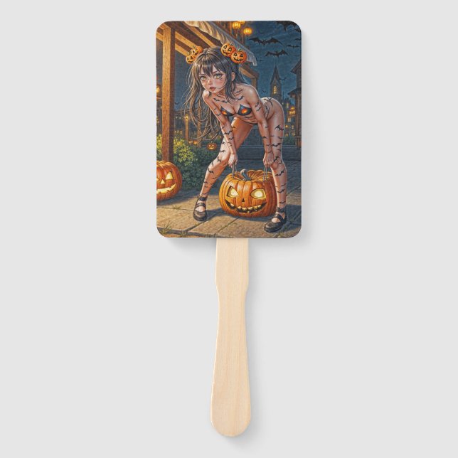 Halloween Monster Jack-o-Lantern & Bat Vixen Girl Hand Fan (Front)