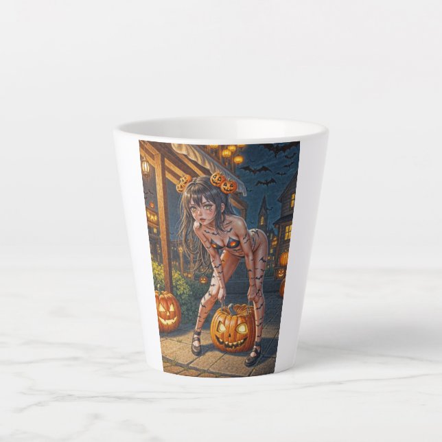 Halloween Monster Jack-o-Lantern & Bat Vixen Girl Latte Mug (Front)