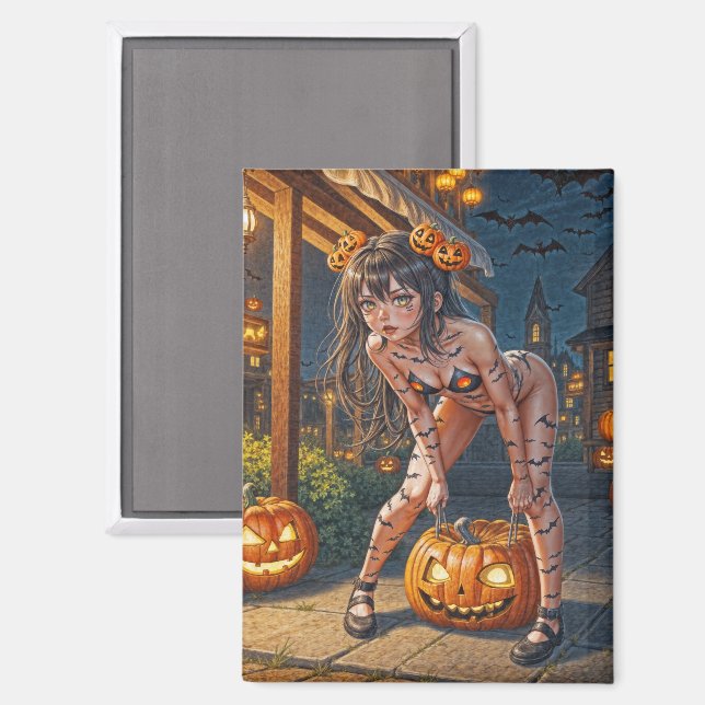 Halloween Monster Jack-o-Lantern & Bat Vixen Girl Magnet (Front/Back)