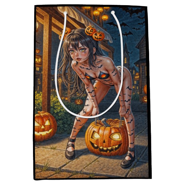 Halloween Monster Jack-o-Lantern & Bat Vixen Girl Medium Gift Bag (Front)
