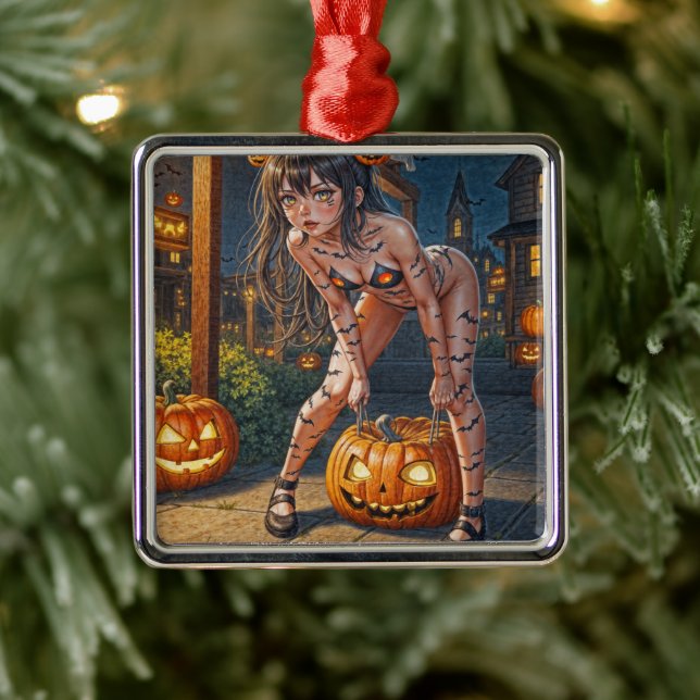 Halloween Monster Jack-o-Lantern & Bat Vixen Girl Metal Tree Decoration (Tree)