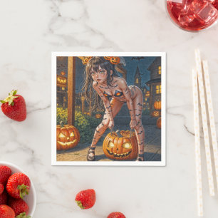 Halloween Monster Jack-o-Lantern & Bat Vixen Girl Napkin