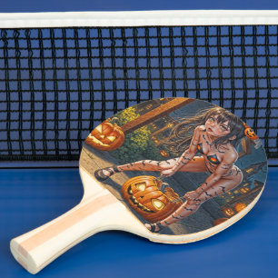 Halloween Monster Jack-o-Lantern & Bat Vixen Girl Ping Pong Paddle