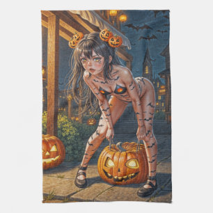 Halloween Monster Jack-o-Lantern & Bat Vixen Girl Tea Towel