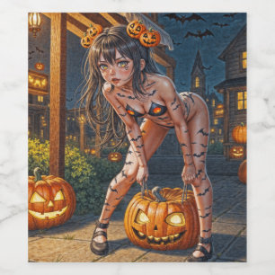Halloween Monster Jack-o-Lantern & Bat Vixen Girl Wine Label