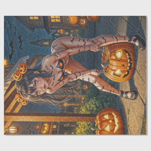 Halloween Monster Jack-o-Lantern & Bat Vixen Girl Wrapping Paper