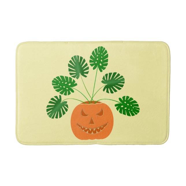 Halloween Monstera Plant in Pumpkin Bath Mat (Front)