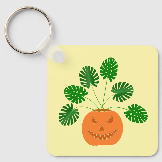 Halloween Monstera Plant in Pumpkin Custom Key Ring (Front)