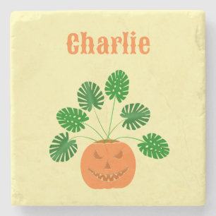 Halloween Monstera Plant in Pumpkin Custom Name Stone Coaster