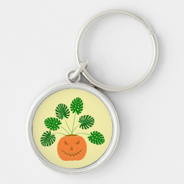 Halloween Monstera Plant in Pumpkin Key Ring (Front)