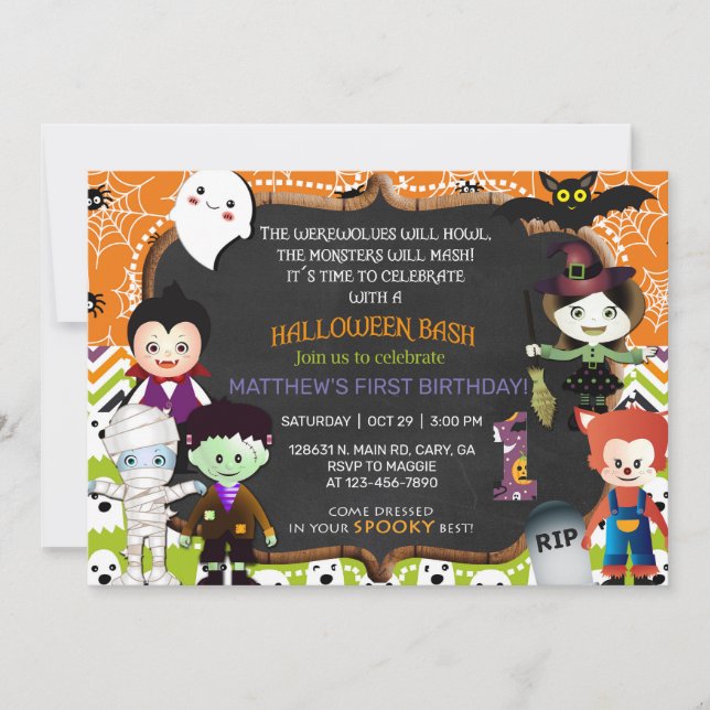Halloween monsters 1st birthday invitation, invite (Front)