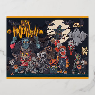 Halloween Monsters Foil Holiday Postcard