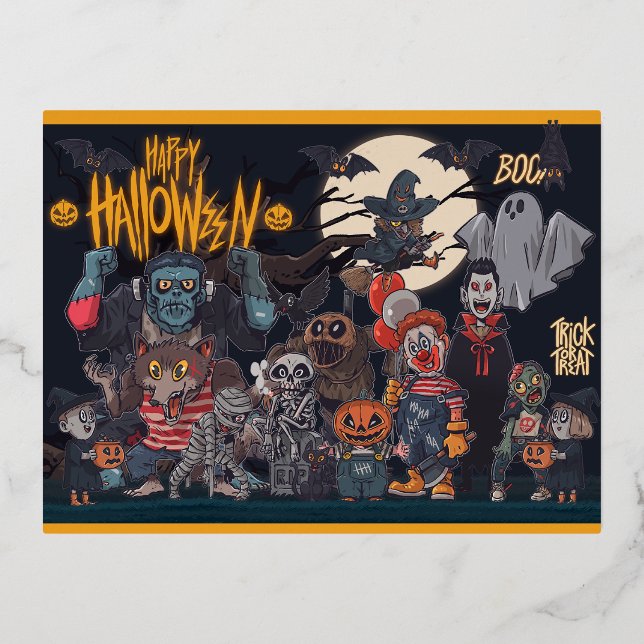 Halloween Monsters  Foil Holiday Postcard (Front)