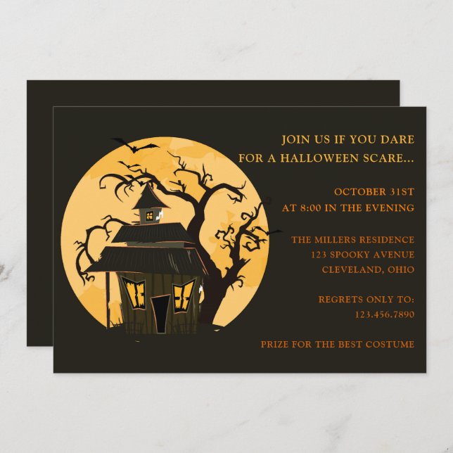 Halloween Moon and Haunted House  Halloween Invitation (Front/Back)