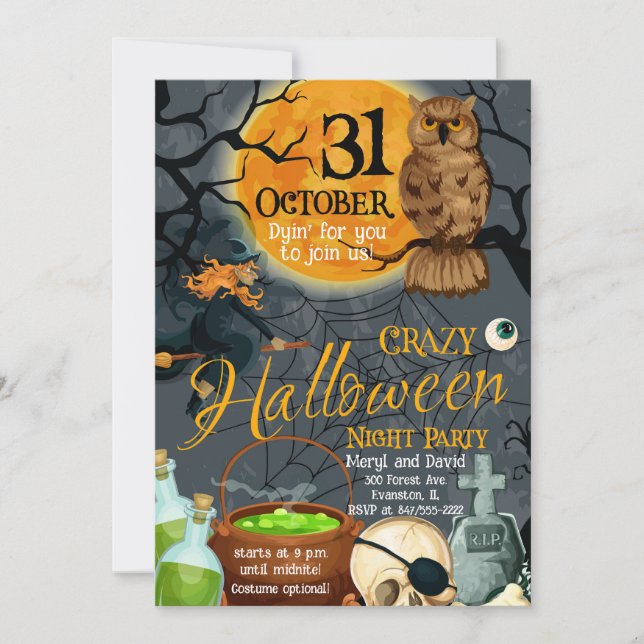 halloween moon and owl party invitation (Front)