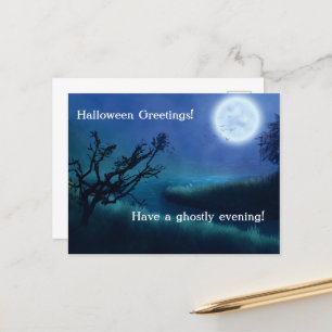 Halloween Moon at Night in Shades of Blue & Green Holiday Postcard