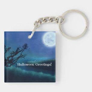 Halloween Moon at Night in Shades of Blue & Green Key Ring