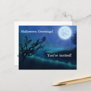 Halloween Moon at Night in Shades of Blue & Green Postcard