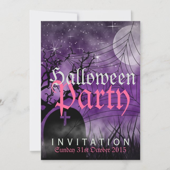 Halloween Moon & Spider Web Purple Invitation (Front)