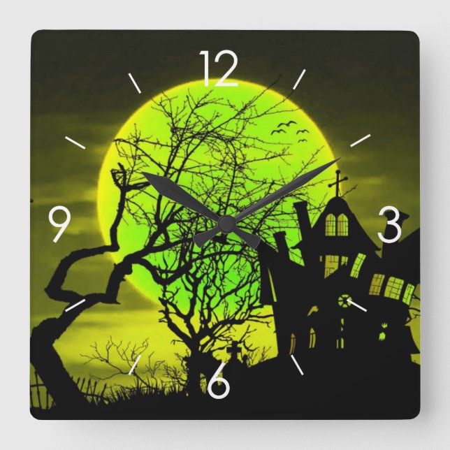 Halloween Moonlight Haunted House Square Wall Clock (Front)