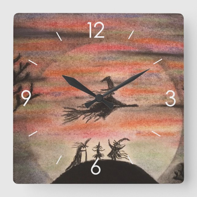 Halloween Moonlight Haunted House Witch Square Wall Clock (Front)