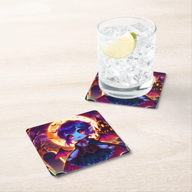 Halloween - Moonlit chibi vampire Square Paper Coaster (Insitu)